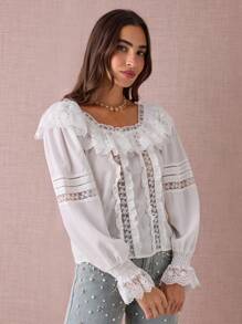 Enchnt 女士优雅纯色蕾丝边衬衫