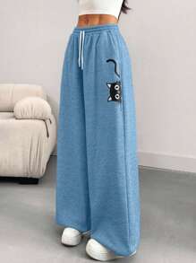 EURMUSE Pantalones de chándal con cordón y estampado de gato de dibujos animados para mujer de talla grande - Celeste - Ver 4
