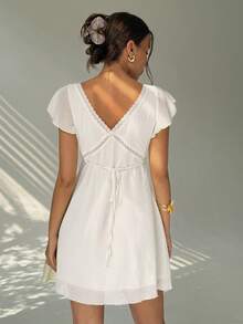 Aloruh Elegant Sexy Charming Ruffle Sleeve A-Line Deep V-Neck Backless Mini Dress For Women - White - View 2