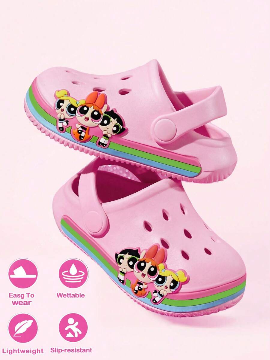 THE POWERPUFF GIRLS X SHEIN 可爱卡通粉色女童儿童一脚蹬花园木屐幼儿和婴儿防滑透气速干水鞋，轻便耐用的 EVA 材质，花朵、泡泡和毛茛图案，适合室内、浴室、游乐场、游泳池、沙滩淋浴拖鞋凉鞋室内外 - 彩色 - 查看 1