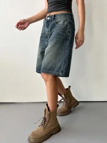 Dazy Star 實色牛仔短褲,帶有口袋 - 中等水洗藍 - 查看 6