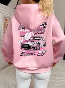 SHEIN EZwear Felpa con cappuccio casual e morbida da donna, rosa con stampa grafica da corsa, manica lunga - Rosa Baby - Visualizzare 8