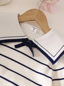 Souflis Souflis Collegiate Style Navy Collar Set, Striped Long Sleeve Sweater And Pleated Mini Skirt Young Girl Skirt Set Girls Skirt Set Pleated Skirt Set Girls Sailor Outfit Nautical Outfit Pleated Skirt Sets 2pcs Set Young Girls School Clothes Sets Girl Clothes Skirt Set Young Girls Sweater Young Girls Fall Outfits Young Girls Winter Clothes Fall Clothes - White - View 3