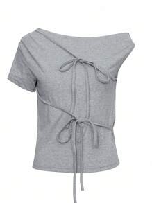 DAZY 女士简约纯色前系带斜肩T恤，夏季 - 灰色 - 查看 7