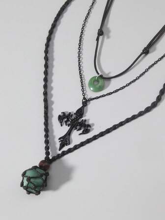Fairycore 3 pièces Collier pendentif croix flamme noire vintage punk, collier multicouche en pierre naturelle tressée à la main pour femmes
