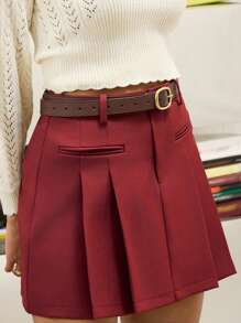 lacRébo Gonna plissettata in vita alta di colore rosso vino con tasche a filetto, gonna adatta per il ritorno a scuola, outfit da insegnante, gonna da ufficio