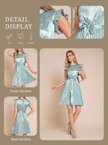 Amorya 女士新款时尚优雅束腰高端褶皱缎面提花中长连衣裙，适合度假、日常穿着、约会、下午茶和各种场合 - 藍色 - 查看 3