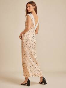 WESTFADE 波尔卡圆点缎面蕾丝 V 领修身无袖长裙秋季返校服装乡村音乐会服装 - 杏色 - 查看 2