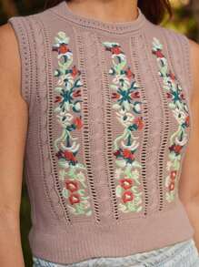 WESTFADE Mixed Stitch Crewneck Relaxed Fit Country Western Floral Embroidered Cable Knit Sweater Vest Spring Summer Top - Pink - View 3