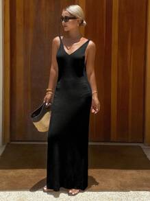 Livesso 女士夏季V领吊带针织连衣裙 女士毛衣连衣裙 吊带裙 度假装 - 黑色 - 查看 3