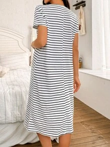 Moonlight&Mama Pregnant Women's Casual Loose Striped Print Short Sleeve Knit Nightgown Maternity Nightgown Maternity Sleepwear Set Maternity Lounge Set Maternity Pajamas Set Post Partum Nightgown - Black and White - View 8
