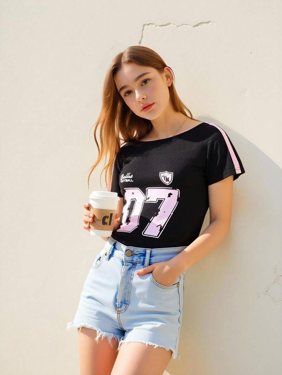 SHEIN Explorewe Áo thun trễ vai thời trang nữ trẻ, áo crop top ngắn in chữ, bộ sưu tập mùa hè mới - màu đen - Xem 1