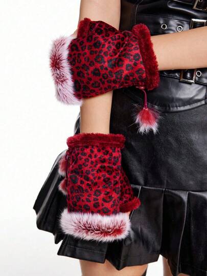 Grunge Punk 1 Pair Punk Style Leopard Faux Fur Gloves, Y2K Fuzzy Warm Gloves