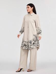 Veilorie Women'S Floral Print Long Sleeve Shirt And Pants Suit 2 Pieces Set - Apricot - View 3