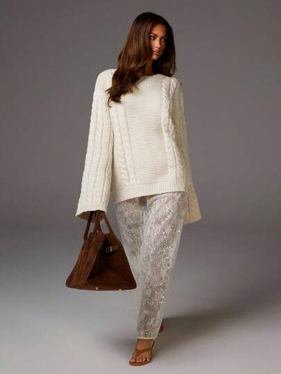 Athîral Women's Ivory Cable Knit Sweater | Plush Chunky Yarn, Soft Cozy Texture, Relaxed Slouchy Fit, Classic Crew Neck, Full-Length Sleeves For Fall And Winter, Distinctive Braided Cable Detailing & Ribbed Trims, Minimalist Versatile Capsule Basic For Office, Everyday Socializing & Effortless Chic Layering