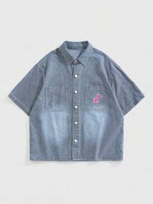 ROMWE MEN Anime Chaqueta vaquera de hombre de ajuste holgado y casual para uso diario - Azul - Ver 2