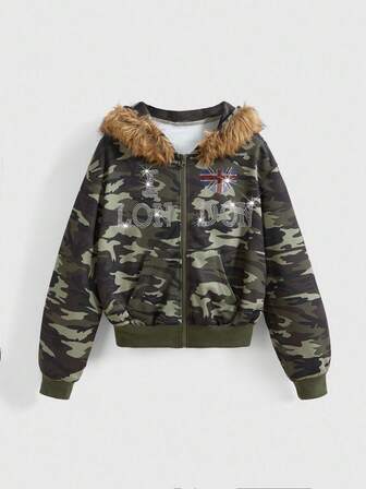 J-Fashion Plus Size Kpop Vintage American Camouflage Print Rhinestone Embellished Contrast Color Fur Collar Zip-Up Hoodie