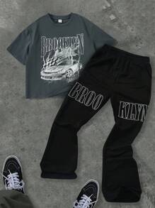 SHEIN 2pcs Kids/Tween Boys Black Summer Streetwear School Back-To-School Brooklyn Outfit Set Letter Print Graphic Short Sleeve T-Shirt And Flared Pants - Multicolor - View 1