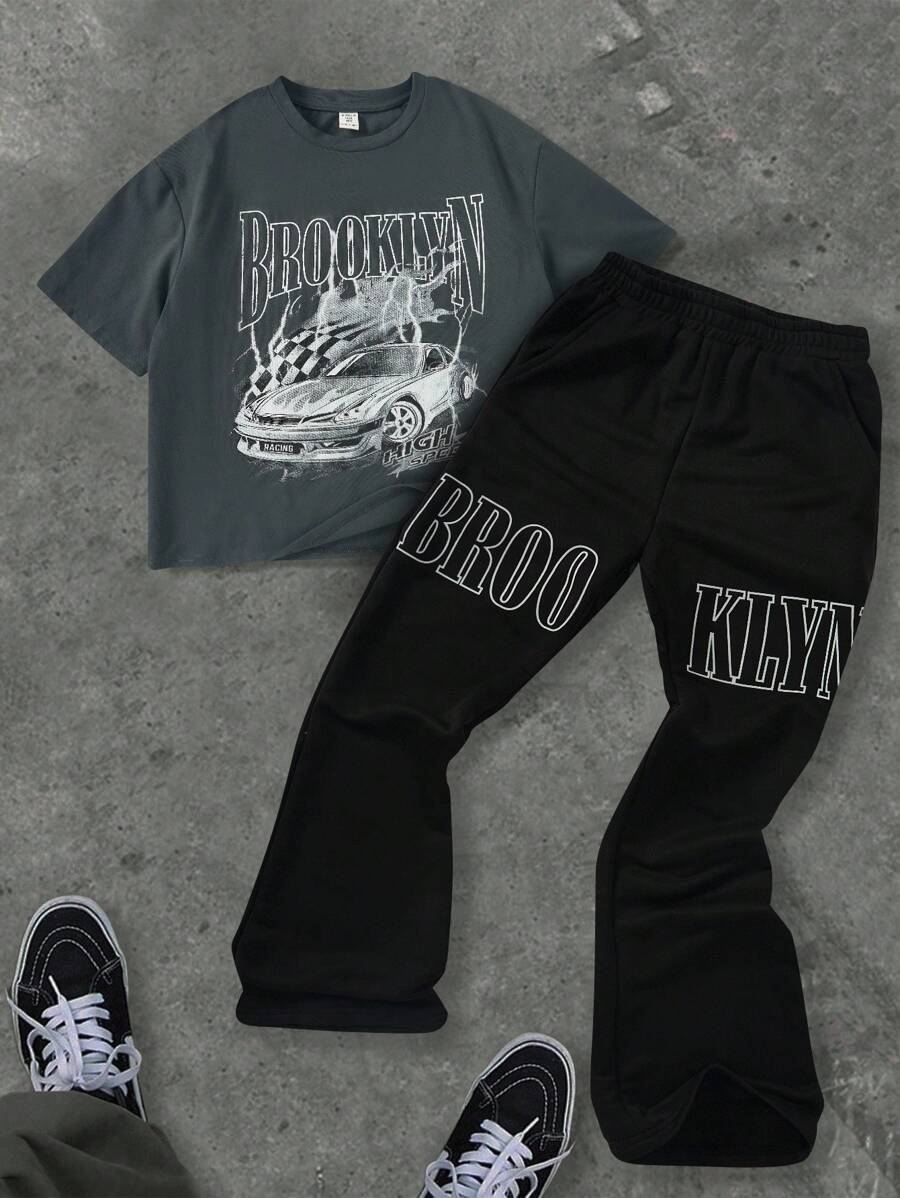 SHEIN 2pcs Kids/Tween Boys Black Summer Streetwear School Back-To-School Brooklyn Outfit Set Letter Print Graphic Short Sleeve T-Shirt And Flared Pants - Multicolor - View 1
