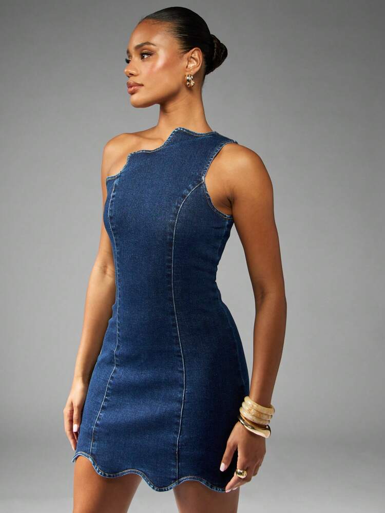 MISSGUIDED One Shoulder Mini Denim Dress Asymmetric Neckline Scalloped Hem Bodycon Fitted Summer Party Club Night Evening Fashion