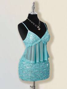 SHEIN ICON Women's Summer Casual Vacation Ruffle Trim Camisole Top & Mini Skirt 2 Pieces Set Fall Women Clothes Aqua Dress Sequin Dress - Teal Blue - View 6