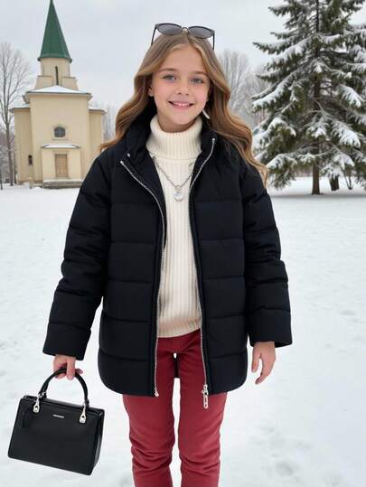 SHEIN 女童简约时尚休闲黑色厚棉衣带毛茸茸连帽外套，适合秋冬季