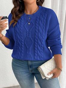 Maglione casual oversize da donna con collo rotondo, maniche a giro e motivo a treccia, in maglia