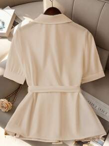 SHEIN Clasi 女士纯色短袖单排扣褶皱休闲衬衫