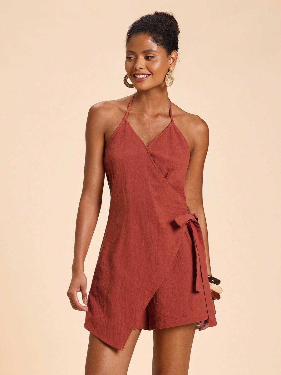 Travachic 女士纯色编织吊带连体裤，度假女士夏季连体裤，吊带连体裤，休闲连体裤，裹身式连体裤，度假连体裤 - 紅木色 - 查看 1