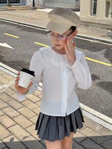 SHEIN 女童休闲通勤风白色提花宽松长袖彼得潘领衬衫，适合日常通勤