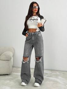 EURMUSE Lässige schwarze weite Jeans mit Destroyed-Effekt