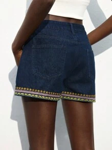 Maija Quần short denim nữ, quần short ôm vừa vặn, thêu họa tiết, màu xanh lam - Rửa trung bình - Xem 3