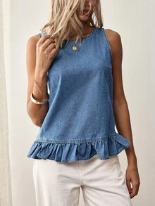 EMERY ROSE 假期休閒無袖牛仔頂部，配有背部鈕扣和荷葉邊 - 藍色 - 查看 5