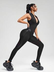 Innovista 黑色PU拉链连体运动服，无袖，高弹PU拼接，前拉链，透气网布后背，可拆卸胸垫 | 塑形压缩，提臀，防蹲，适合健身房训练、瑜伽、普拉提 | 拉链运动紧身衣 | Gymtok Moto 运动休闲 Y2k - 黑色 - 查看 10