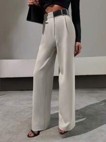 EURMUSE Plus Size Women Elegant Style, Half Faux Leather Belt Detailed Straight Fit Pant - White - View 4