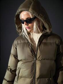 SHEIN Cottnline Long Padded Winter Coat, Front Zipper Closure Quilted Side Pockets Coat, Warm And Lightweight, Casual Winter Outerwear, Waterproof Fabric Puffer Coat - Khaki - View 8