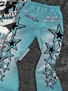 SHEIN Bolty Tween Boy Casual Classic Cool Character Portrait & Text Print Crew Neck T-Shirt, Star Print Flare Pants 2 Pieces Set, Suitable For Summer - Multicolor - View 6