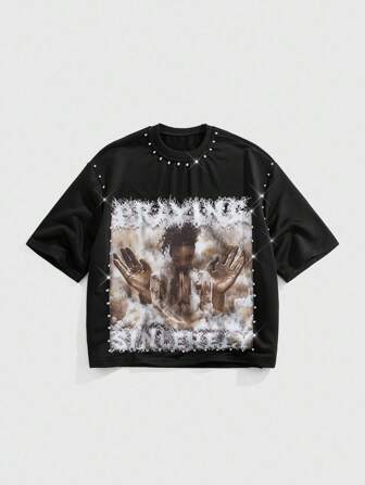 Street Life T-shirt à manches courtes pour hommes avec imprimé de caractères scintillants en diamant, style ample et court, style années 2000