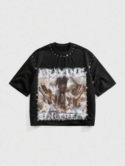 Street Life Men's Sparkling Diamond Character Print Short Sleeve T-Shirt, Loose Cropped Style, 2000s Style