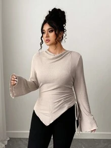 Elenzga Plus Size Women's Soft Brushed Apricot Long Sleeve T-Shirt, Asymmetrical Hem, Suitable For Commuting And Dating, Autumn/Winter Fall Cloth For Women - Apricot - View 3