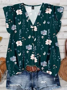 SHEIN LUNE Plus Size Women Casual Floral Print Cap Sleeve Blouse, Suitable For Summer - Dark Green - View 1