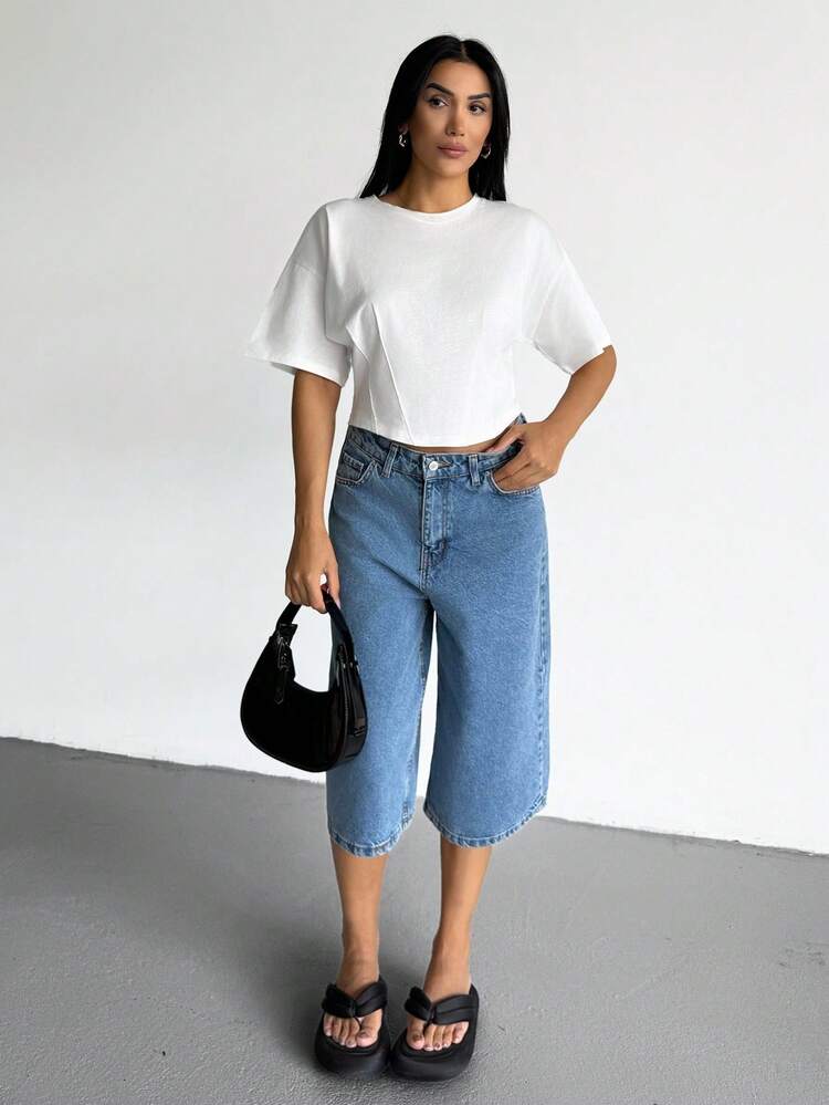 EURMUSE Women, Autumn, Spring, Short Sleeve, Round Neck, Dart Stitch, White, - White - View 5