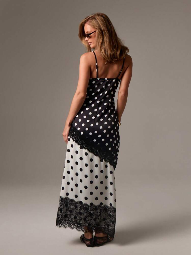 AiiRZ Polka Dot Maxi Dress Lace Trim Asymmetrical Split Evening Special Occasion Party Spaghetti Strap V-Neck Summer Spring Wedding Guest