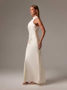 AiiRZ Đầm Maxi dạ hội cổ cao thanh lịch, dáng ôm vừa vặn, dài chấm đất, dành cho khách dự tiệc cưới, váy dài bằng vải satin cho những dịp đặc biệt - Màu be - Xem 5