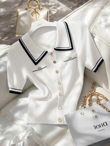 Franclia Áo khoác cardigan dệt kim đơn hàng ngày, tay ngắn, kẻ sọc dành cho nữ - trắng - Xem 1