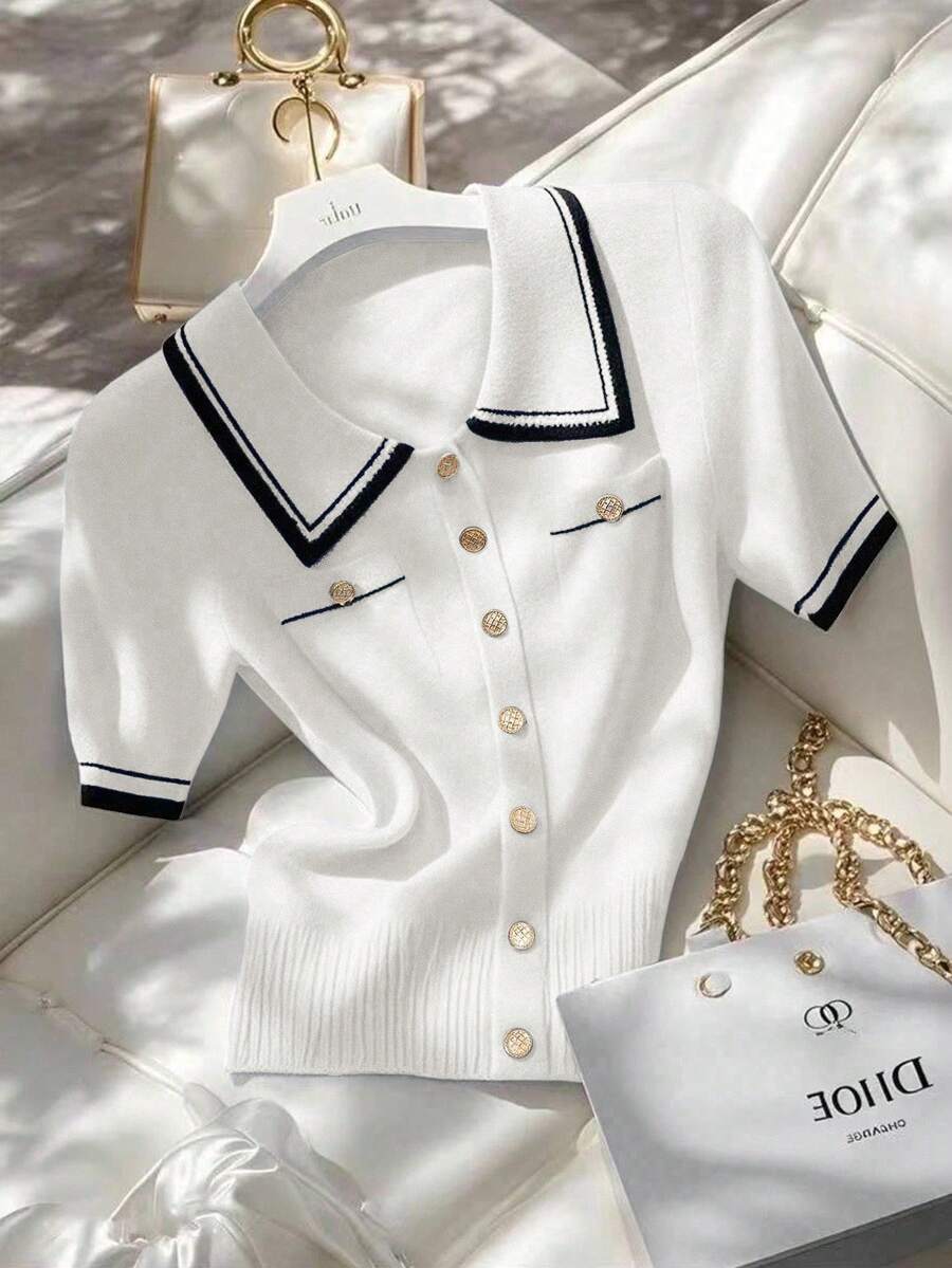 Franclia Áo khoác cardigan dệt kim đơn hàng ngày, tay ngắn, kẻ sọc dành cho nữ - trắng - Xem 1