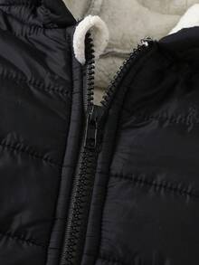 SHEIN Baby Boy Infant Toddler 0-3 Years Old Casual Daily Versatile Thermal Lined Flannel Furry Bear Ear Hooded Jumpsuit, Warm For Winter Outdoor - Black - View 3