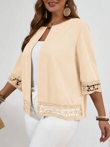 EMERY ROSE Plus Size Women Hollow Sleeve Solid Color Open Front Casual Lightweight Jacket Winter Fall Autumn - Apricot - View 8