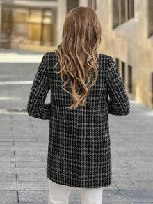 SHEIN Clasi 女士格子翻领长袖口袋休闲外套，女士冬季外套，冬季服装 - 黑色 - 查看 2