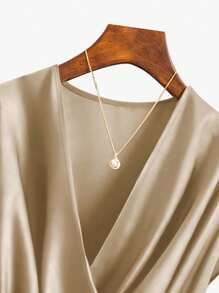 Franclia Women's Fashionable Solid Color Deep V-Neck Tie Wrap Shirt - Khaki - View 3